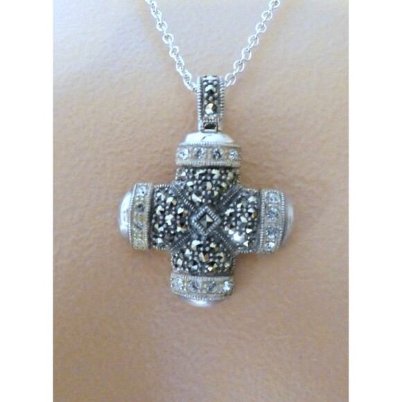 VTG Sterling Silver Real Marcasite Cross Oxidized Pendant Lock Bail - Picture 9 of 9